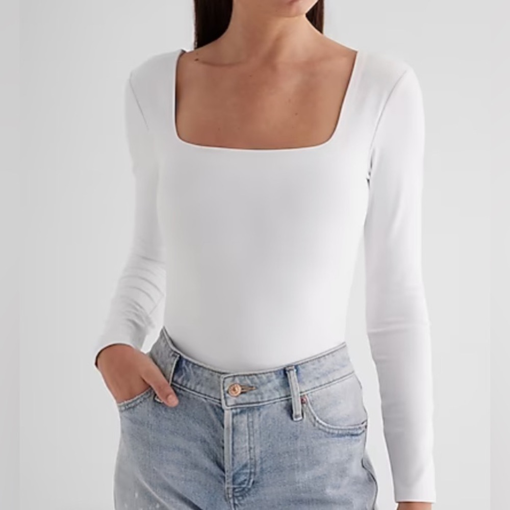 Express - NEW - Body Contour High Compression Square Neck Long Sleeve Tee White